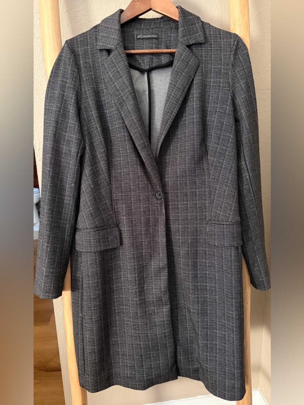Adrianna Papell Longline Plaid Blazer Jacket Womens M Gray Career Office